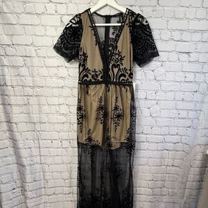 Lace Romper Maxi Dress Black and Nude Size Small Nwt B